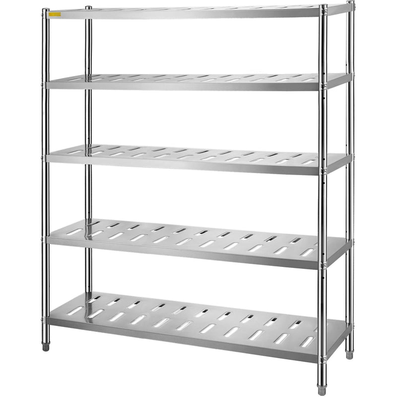 VEVOR 5 līmeņu nerūsējošā tērauda uzglabāšanas plaukts, 150 x 45 x 180 cm, 300 kg slodze, regulējams augstums, ventilācijas atveres