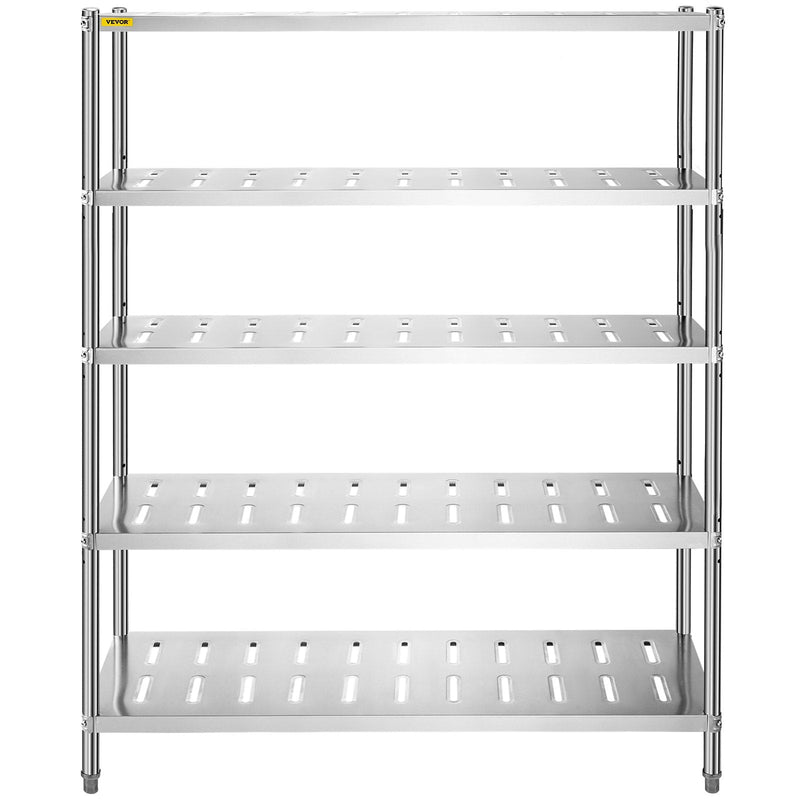 VEVOR 5 līmeņu nerūsējošā tērauda uzglabāšanas plaukts, 150 x 45 x 180 cm, 300 kg slodze, regulējams augstums, ventilācijas atveres