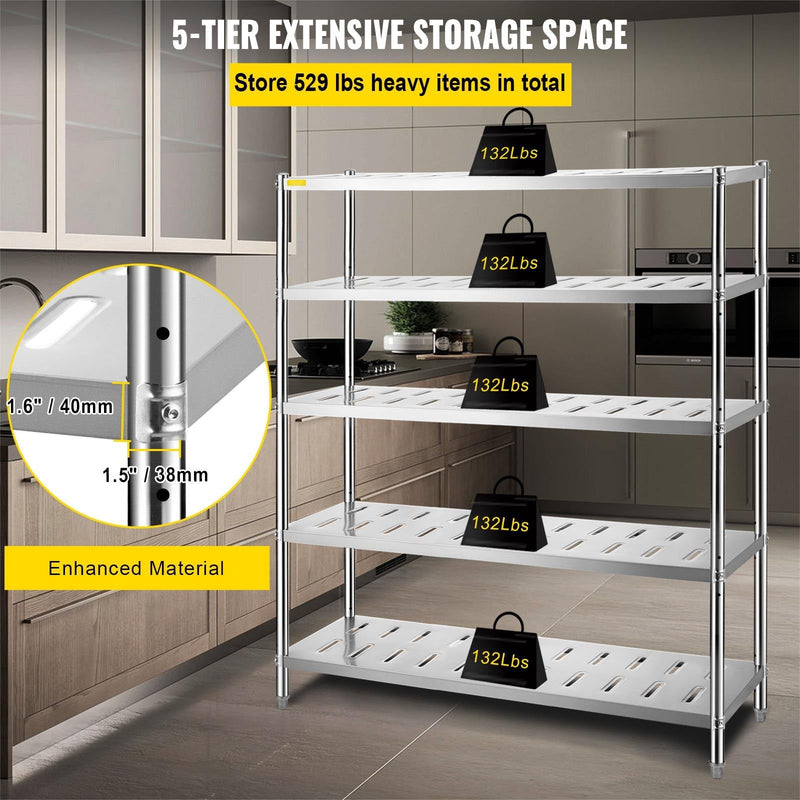 VEVOR 5 līmeņu nerūsējošā tērauda uzglabāšanas plaukts, 150 x 45 x 180 cm, 300 kg slodze, regulējams augstums, ventilācijas atveres