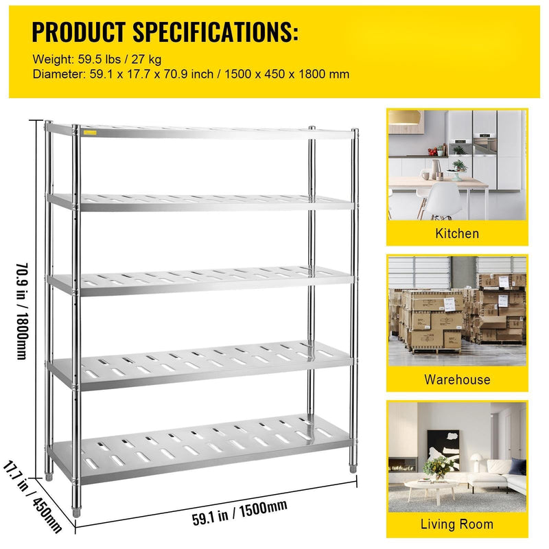 VEVOR 5 līmeņu nerūsējošā tērauda uzglabāšanas plaukts, 150 x 45 x 180 cm, 300 kg slodze, regulējams augstums, ventilācijas atveres