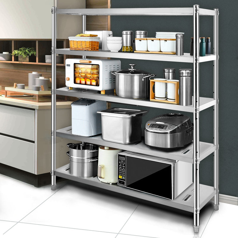 VEVOR 5 līmeņu nerūsējošā tērauda uzglabāšanas plaukts, 150 x 45 x 180 cm, 300 kg slodze, regulējams augstums, ventilācijas atveres