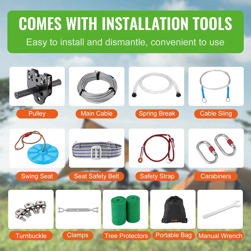 VEVOR zipline komplekts bērniem un pieaugušajiem, 30,48 m trošu nobrauciens līdz 227 kg, ātra uzstādīšana pagalmā, nerūsējošā tērauda trose ar atsperu bremzi, drošības josta un sēdeklis