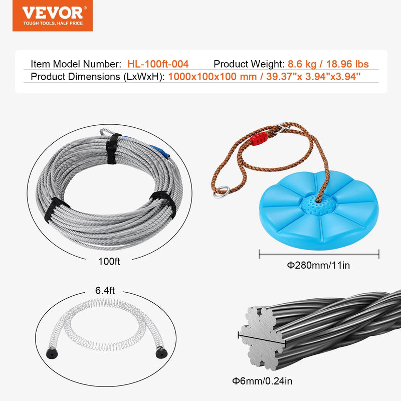 VEVOR zipline komplekts bērniem un pieaugušajiem, 30,48 m trošu nobrauciens līdz 227 kg, ātra uzstādīšana pagalmā, nerūsējošā tērauda trose ar atsperu bremzi, drošības josta un sēdeklis