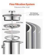 French Press kafijas kanna 1,5 L nerūsējošais tērauds ar filtru, dubultsienu termoizolēta, sudraba