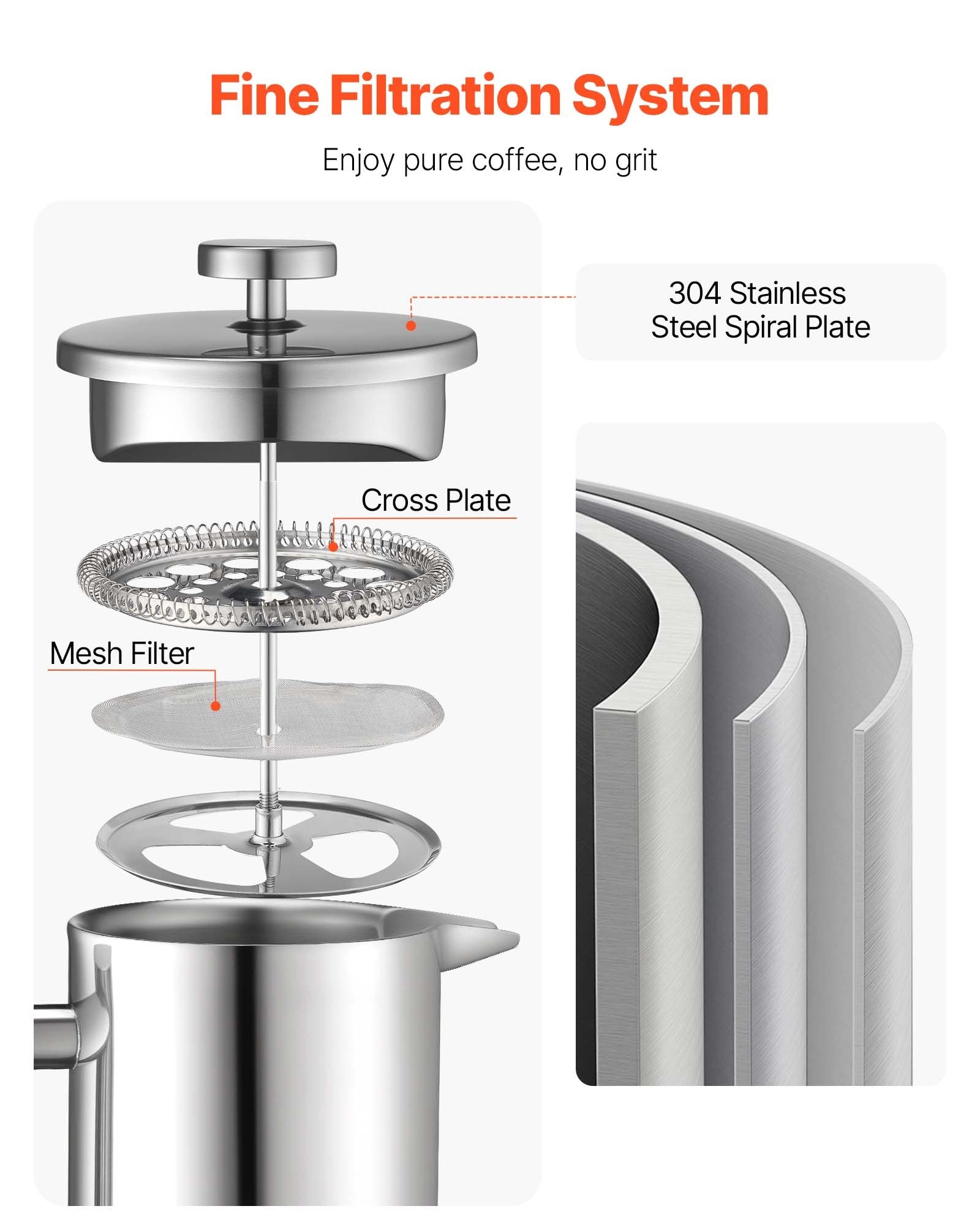 French Press kafijas kanna 1,5 L nerūsējošais tērauds ar filtru, dubultsienu termoizolēta, sudraba