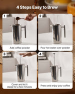French Press kafijas kanna 1,5 L nerūsējošais tērauds ar filtru, dubultsienu termoizolēta, sudraba