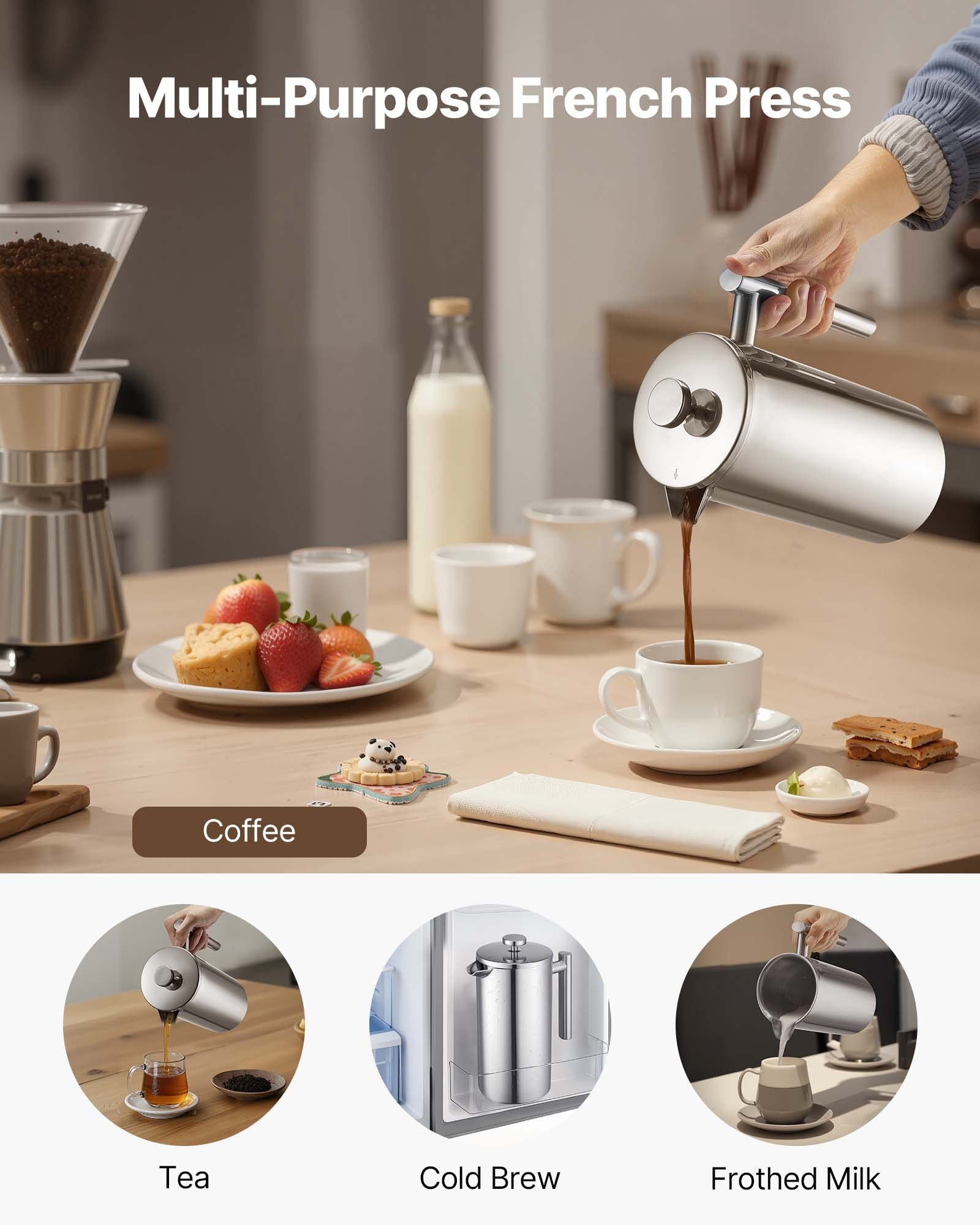 French Press kafijas kanna 1,5 L nerūsējošais tērauds ar filtru, dubultsienu termoizolēta, sudraba