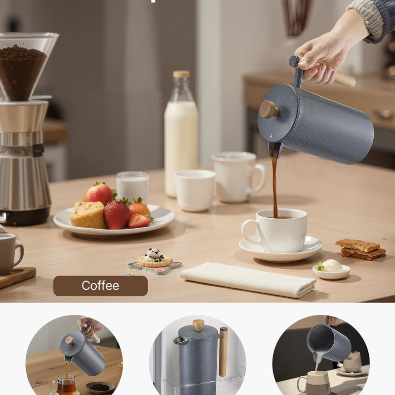 Franču kafijas prese, 1 l nerūsējošā tērauda ar filtru, dubultsienu termoizolācija, piemērota kafijai, tējai un aukstajai brūvēšanai, kempingam, ceļošanai un mājas virtuvei, melna krāsa