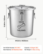 VEVOR HC-20 LT, 20 l nerūsējošā tērauda barības uzglabāšanas konteiners suņiem un kaķiem, līdz ~8 kg, hermētisks vāks, 2 rokturi, metāla tvertne sausajai barībai, rīsiem un miltiem