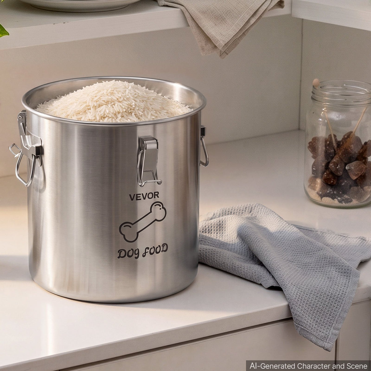 VEVOR HC-20 LT, 20 l nerūsējošā tērauda barības uzglabāšanas konteiners suņiem un kaķiem, līdz ~8 kg, hermētisks vāks, 2 rokturi, metāla tvertne sausajai barībai, rīsiem un miltiem