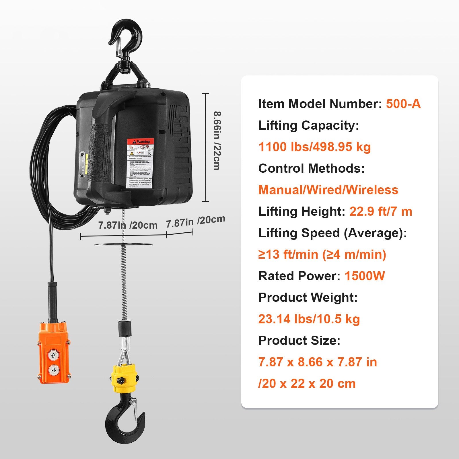 VEVOR 3-in-1 kaasaskantav elektriline vints, 500 kg, juhtmega/juhtmeta kaugjuhtimispuldiga.