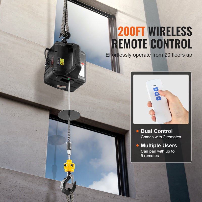 VEVOR 2-в-1 портативная электрическая таль, 500 кг, беспроводной пульт управления