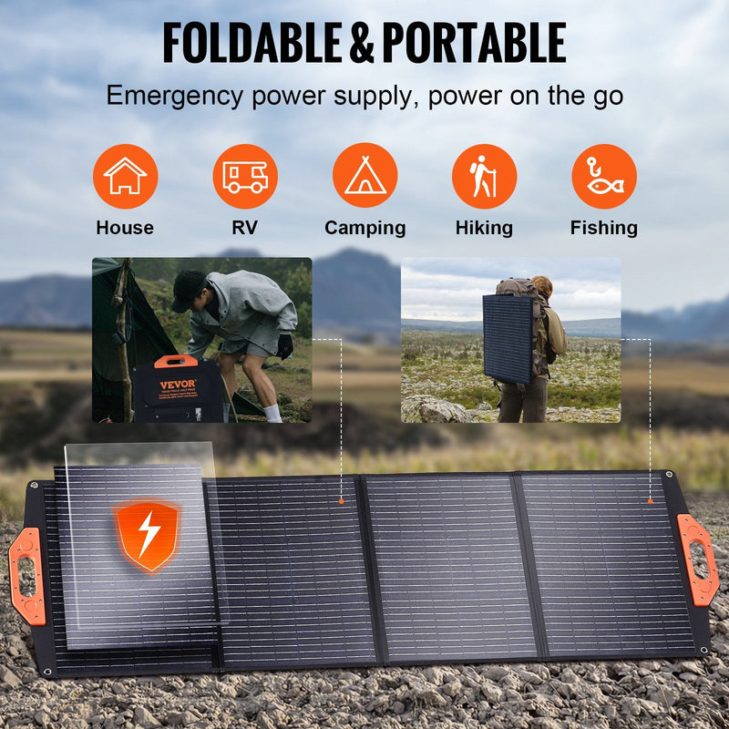 VEVOR pārnēsājams monokristālisks saules panelis 120 W, salokāms ETFE saules lādētājs ar 23 % efektivitāti, Type-C, DC 18 V un QC 3.0 USB pieslēgvietām, IP67, mājai, autonomām sistēmām un pārgājieniem
