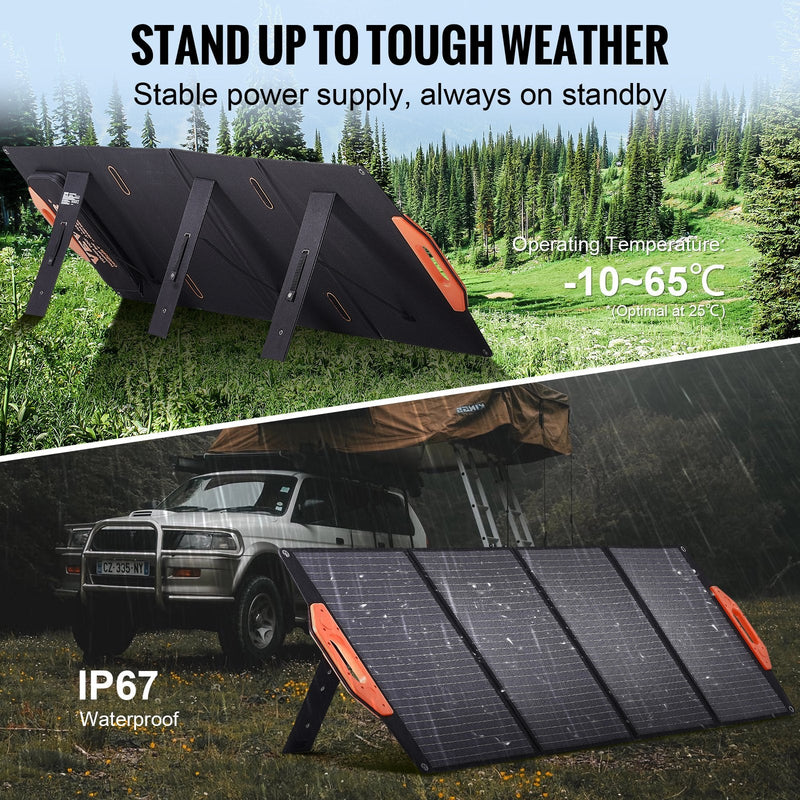 VEVOR pārnēsājams monokristālisks saules panelis 120 W, salokāms ETFE saules lādētājs ar 23 % efektivitāti, Type-C, DC 18 V un QC 3.0 USB pieslēgvietām, IP67, mājai, autonomām sistēmām un pārgājieniem