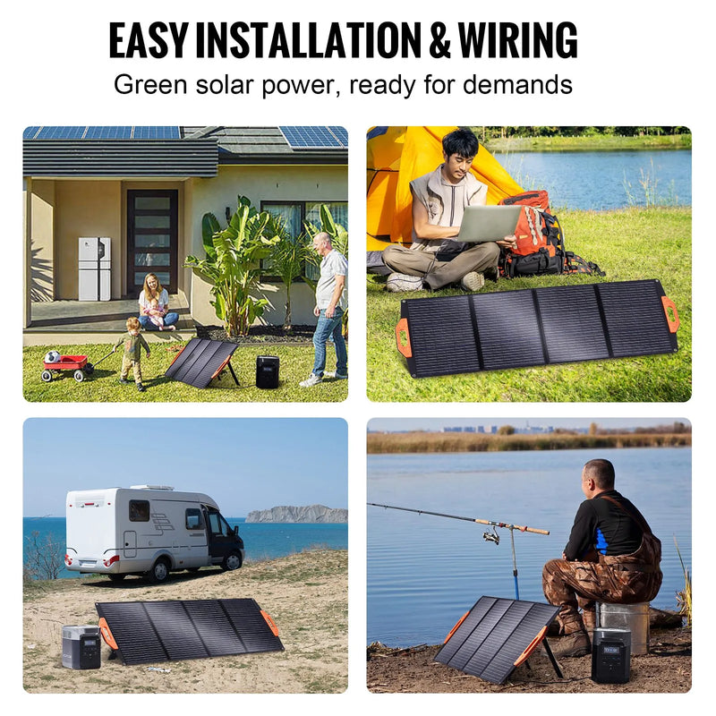 VEVOR pārnēsājams monokristālisks saules panelis 120 W, salokāms ETFE saules lādētājs ar 23 % efektivitāti, Type-C, DC 18 V un QC 3.0 USB pieslēgvietām, IP67, mājai, autonomām sistēmām un pārgājieniem