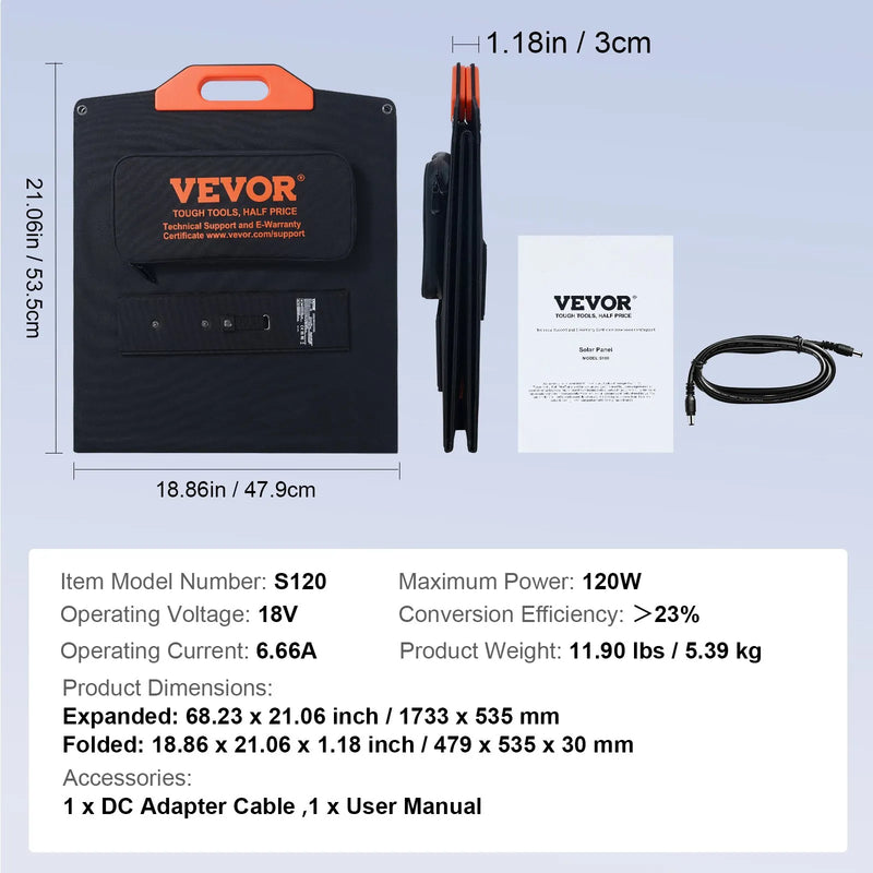 VEVOR pārnēsājams monokristālisks saules panelis 120 W, salokāms ETFE saules lādētājs ar 23 % efektivitāti, Type-C, DC 18 V un QC 3.0 USB pieslēgvietām, IP67, mājai, autonomām sistēmām un pārgājieniem