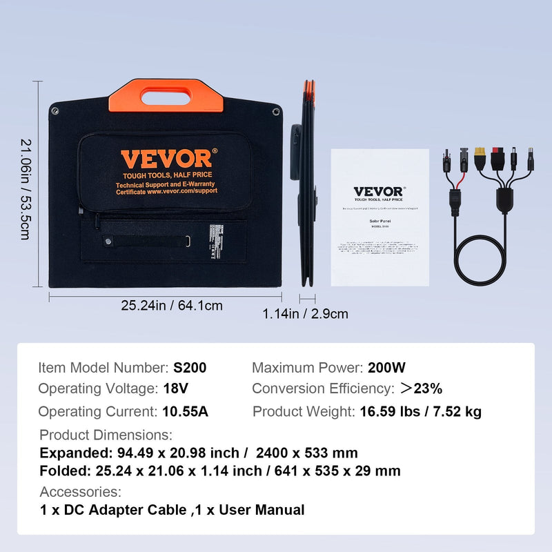 VEVOR portatīvs monokristālisks saules panelis 200 W, salokāms ETFE saules lādētājs ar 23 % efektivitāti, MC4 pieslēgumu un IP67 aizsardzību pārnēsājamām elektrostacijām, kempingam, pārgājieniem un autonomām sistēmām