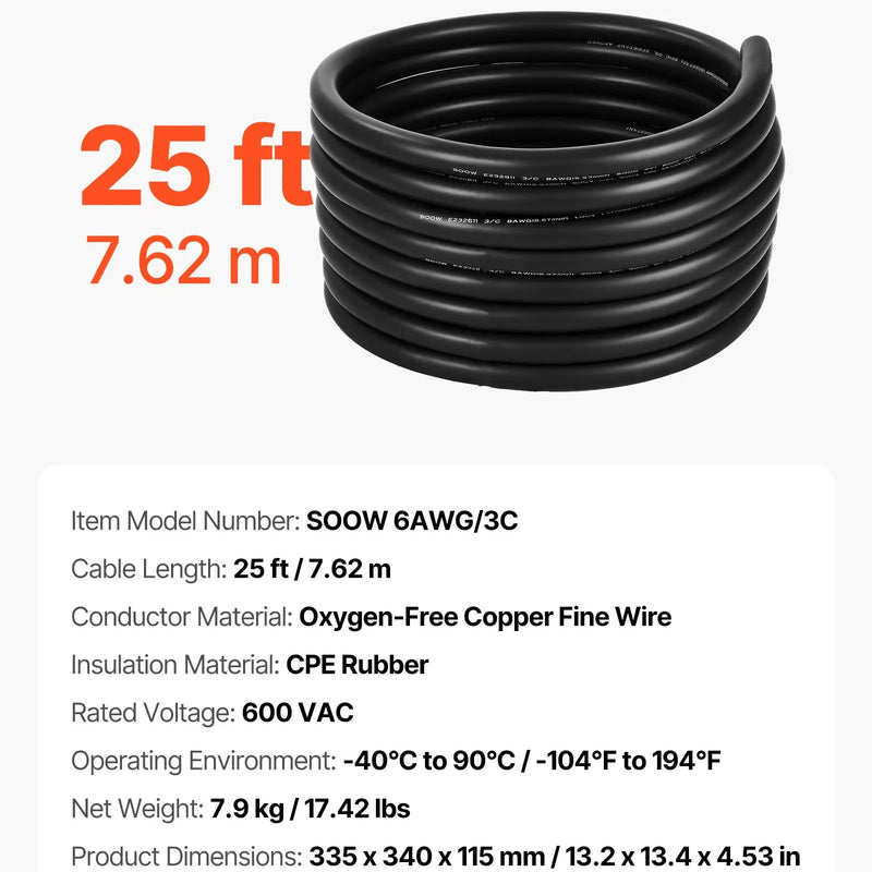 VEVOR Strāvas pagarinātājs VEVOR 25 FT (7,6 m), 6AWG, premium klases vara kabelis