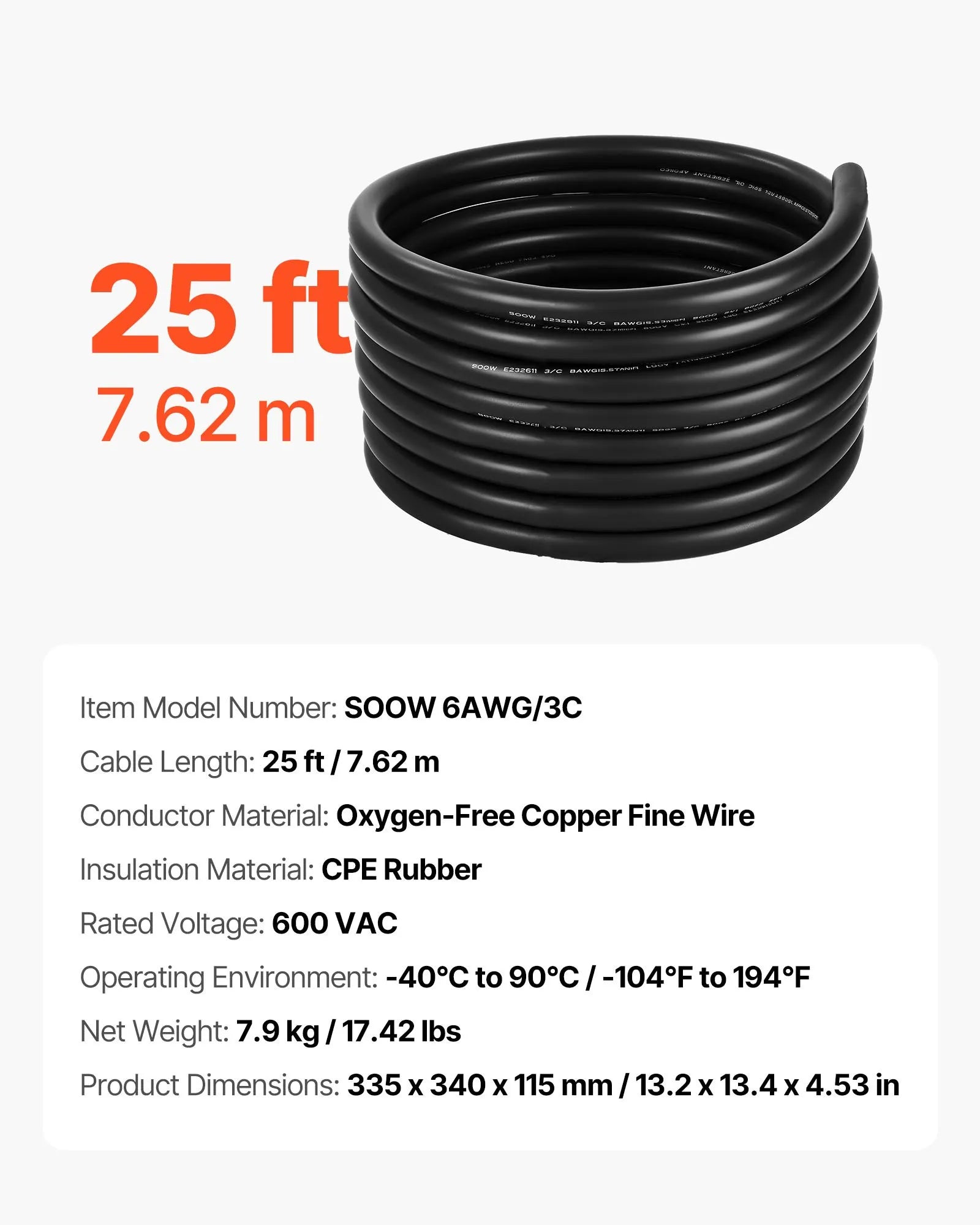 VEVOR Strāvas pagarinātājs VEVOR 25 FT (7,6 m), 6AWG, premium klases vara kabelis