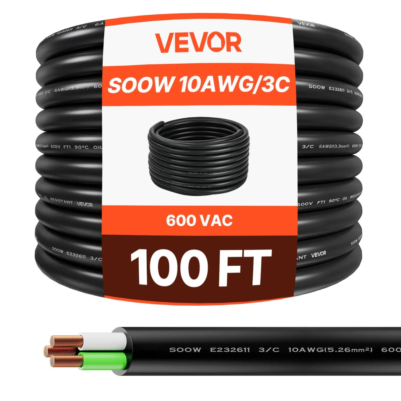 VEVOR Strāvas pagarinātājs 30,48 m, 10AWG, premium klases vara kabelis