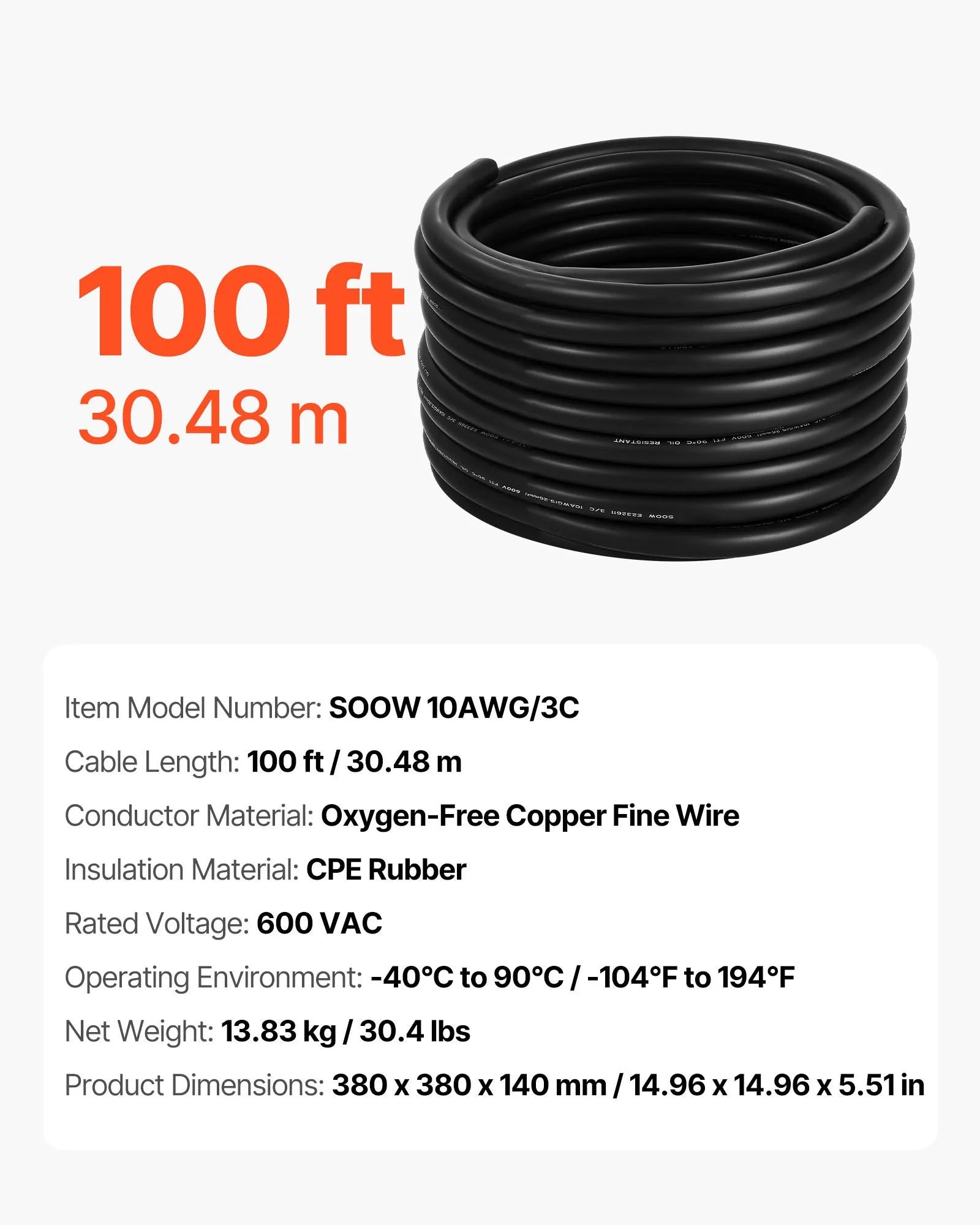 VEVOR Strāvas pagarinātājs 30,48 m, 10AWG, premium klases vara kabelis