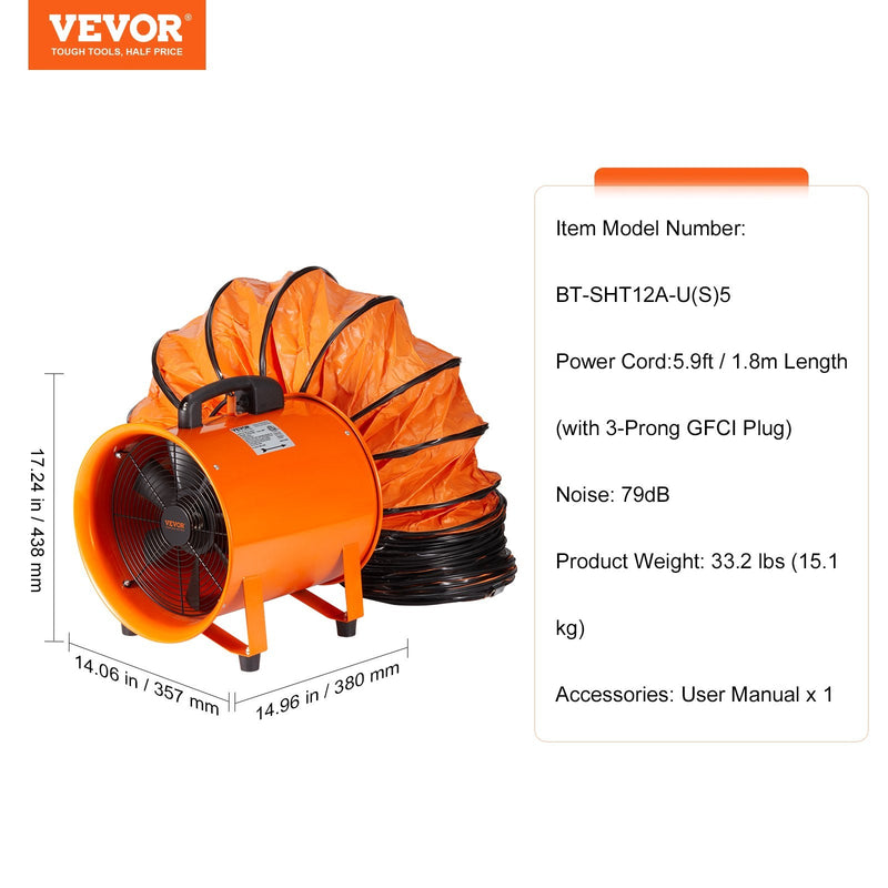 VEVOR 304.8mm Pārnēsājamais Izplūdes Ventilators Pūtejs ar 5m Šļūteni - Industrijas Ventilators
