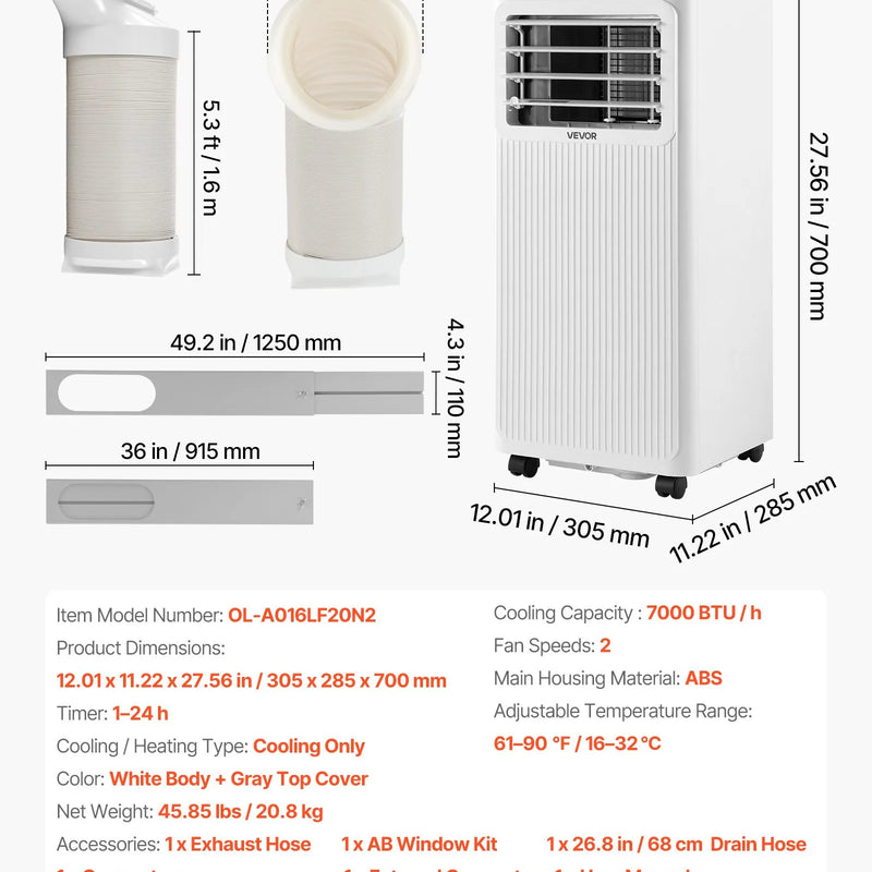 VEVOR portatīvais gaisa kondicionieris 2 kW, 3-in-1 grīdas dzesēšanas iekārta ar LED skārienpaneli un tālvadības pulti, 24 h taimeris, dzesēšanas/sausināšanas/ventilatora režīmi telpām, balts, energoefektivitāte: A