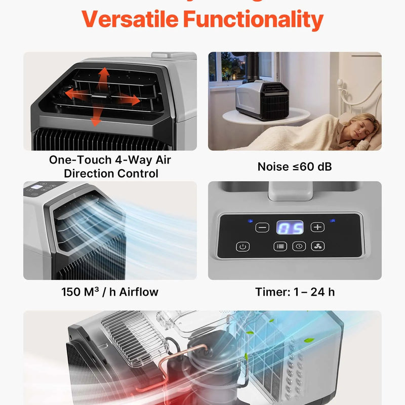 VEVOR pārnēsājams kempinga gaisa kondicionieris, 980 W, ar šļūteni, pulti un skārienvadību, 16–32 °C, 150 m³/h, tumši pelēks