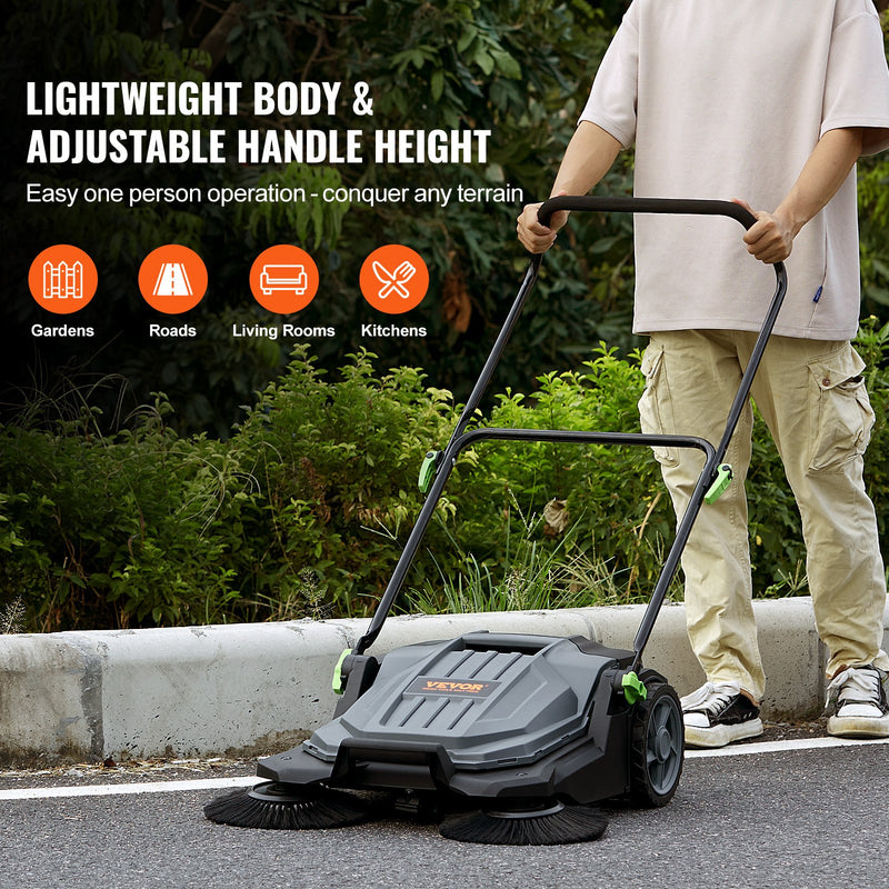 VEVOR rokas grīdas slaucītājs ar 65 cm darba platumu, manuāls, bez elektrības, ar 19 litru atkritumu tvertni, regulējamu roktura leņķi un augstumu, salokāms rokturis, piemērots celiņiem, pagalmam, garāžai, terasei