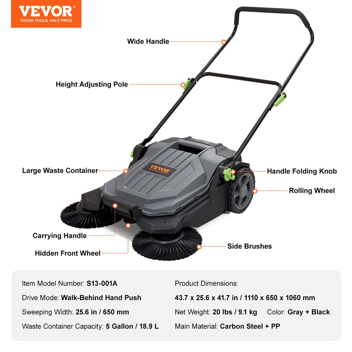 VEVOR rokas grīdas slaucītājs ar 65 cm darba platumu, manuāls, bez elektrības, ar 19 litru atkritumu tvertni, regulējamu roktura leņķi un augstumu, salokāms rokturis, piemērots celiņiem, pagalmam, garāžai, terasei