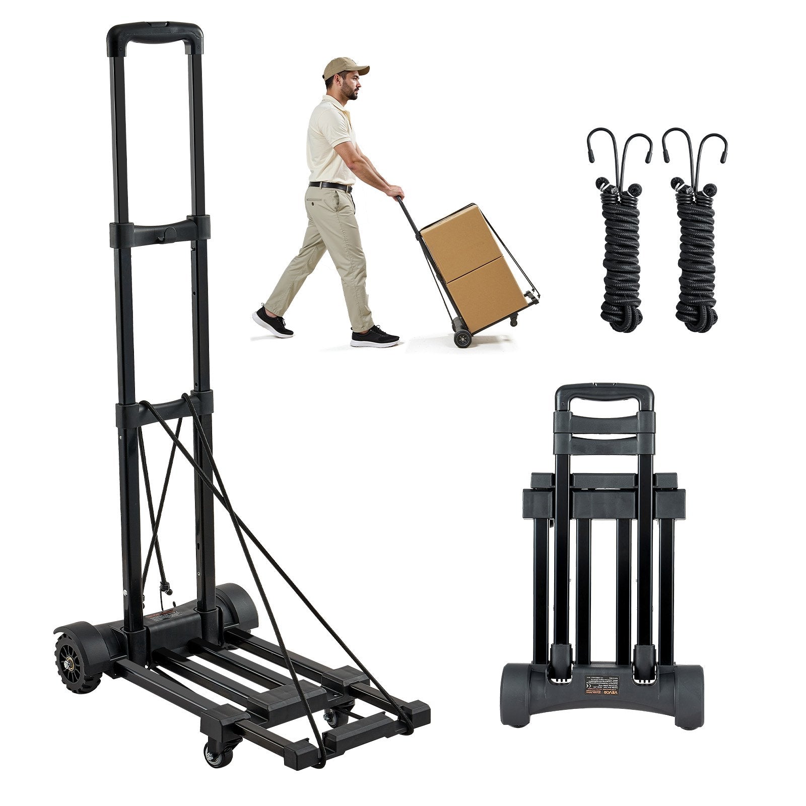 Saliekamais rokas ratiņš, 131,5 kg kravnesība, ar 4 riteņiem, 2 elastīgām siksnām un paplašināmu pamatni, universāla platforma bagāžai, biroja pārvietošanai un ceļošanai lidostā, melns