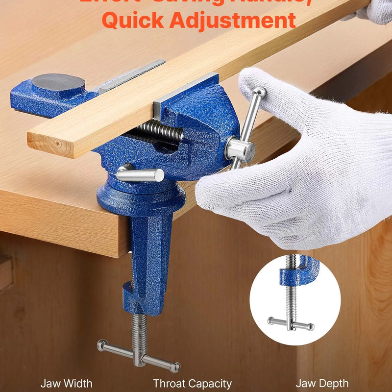 VEVOR darbagalda skrūvspīles 76,2 mm ar 360° rotējošu pamatni, ātrās fiksācijas mehānismu un paaugstinātu čuguna korpusu, piemērotas kokapstrādei, metālapstrādei, urbšanai un griešanai