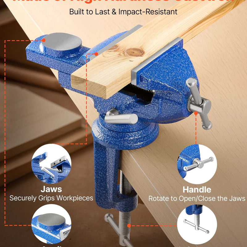 VEVOR darbagalda skrūvspīles 76,2 mm ar 360° rotējošu pamatni, ātrās fiksācijas mehānismu un paaugstinātu čuguna korpusu, piemērotas kokapstrādei, metālapstrādei, urbšanai un griešanai