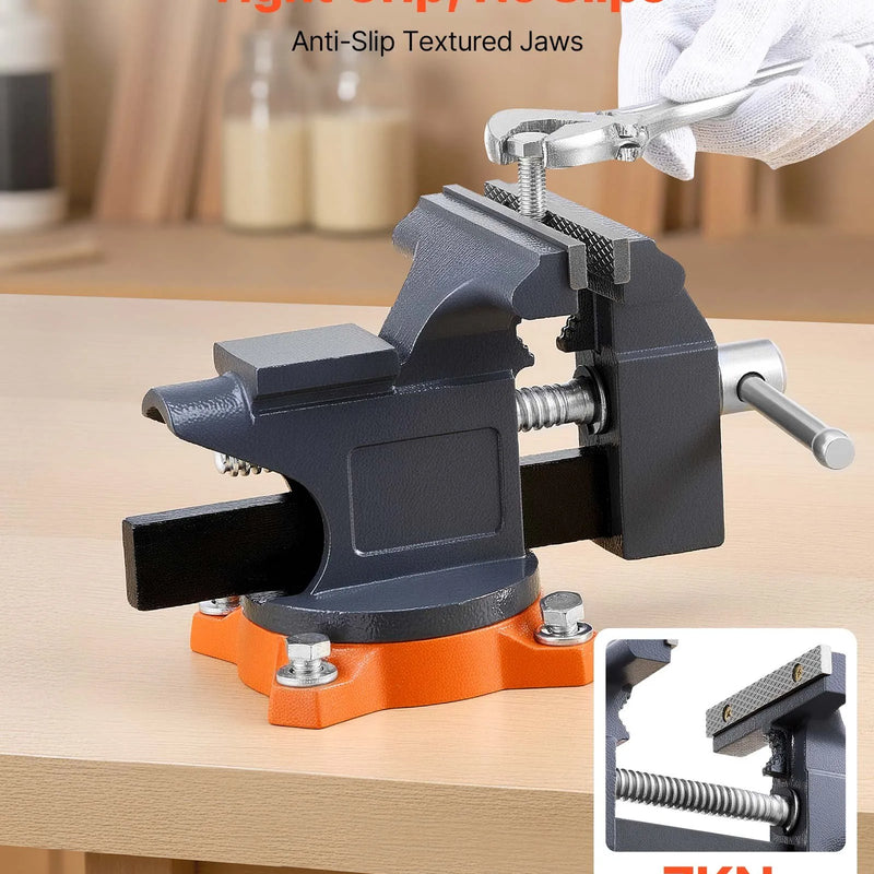 VEVOR darbagalda skrūvspīles 114 mm ar 270° rotējošu pamatni, ātrās atbrīvošanas mehānismu un čuguna konstrukciju, piemērotas kokapstrādei, metālapstrādei, urbšanai, zāģēšanai un cauruļu griešanai