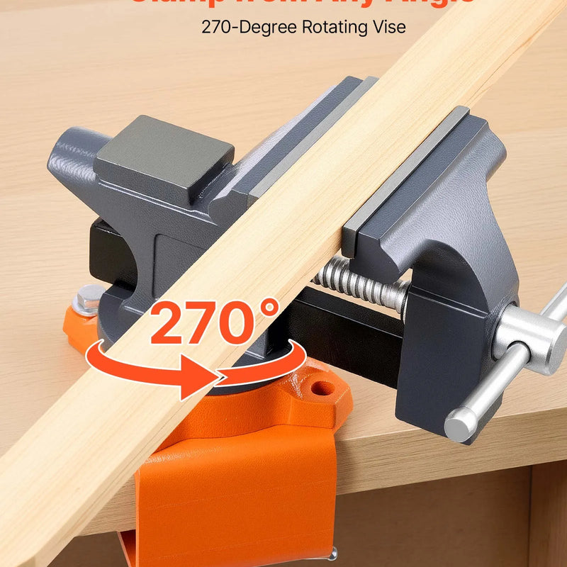 VEVOR darbagalda skrūvspīles 114 mm ar 270° rotējošu pamatni, ātrās atbrīvošanas mehānismu un čuguna konstrukciju, piemērotas kokapstrādei, metālapstrādei, urbšanai, zāģēšanai un cauruļu griešanai