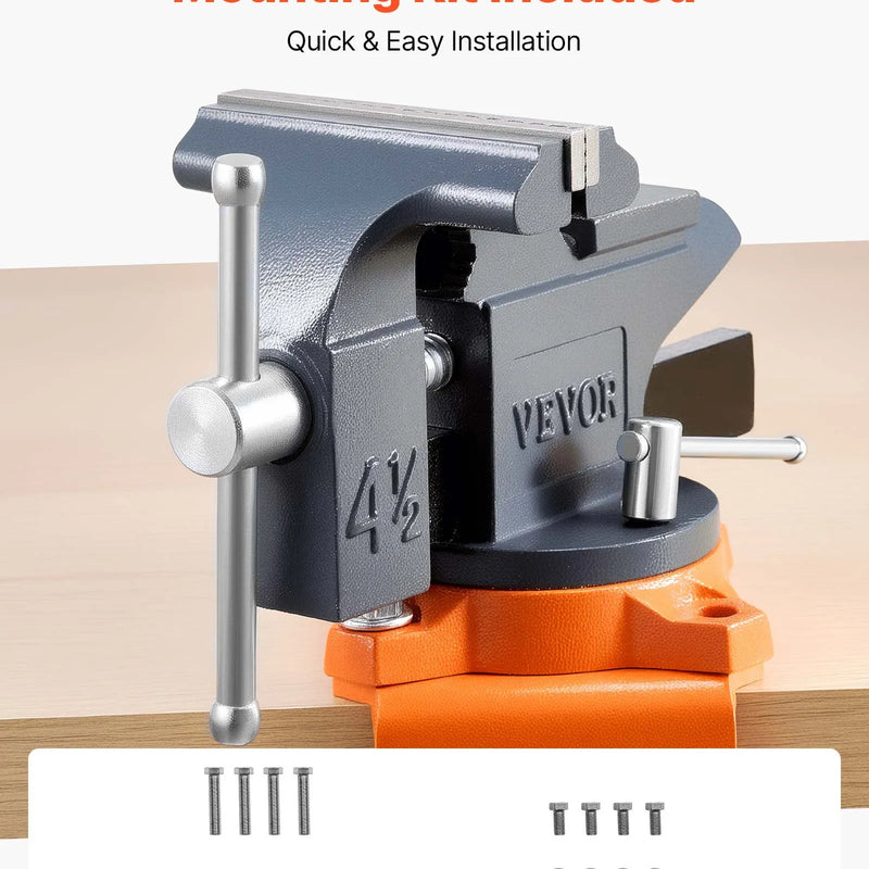 VEVOR darbagalda skrūvspīles 114 mm ar 270° rotējošu pamatni, ātrās atbrīvošanas mehānismu un čuguna konstrukciju, piemērotas kokapstrādei, metālapstrādei, urbšanai, zāģēšanai un cauruļu griešanai
