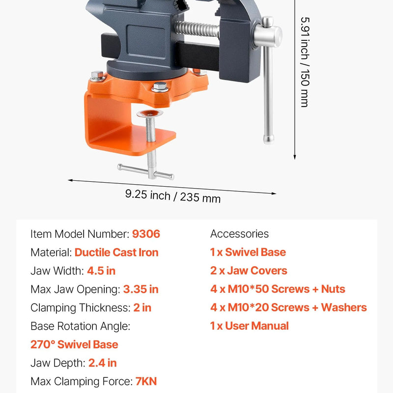 VEVOR darbagalda skrūvspīles 114 mm ar 270° rotējošu pamatni, ātrās atbrīvošanas mehānismu un čuguna konstrukciju, piemērotas kokapstrādei, metālapstrādei, urbšanai, zāģēšanai un cauruļu griešanai