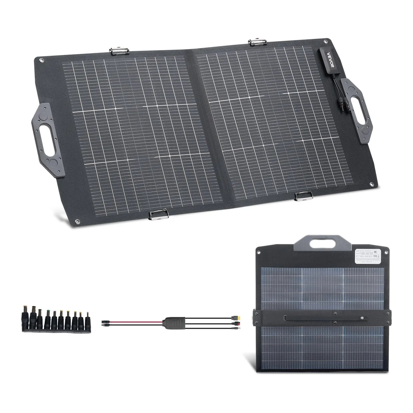VEVOR 100 W bifaciālais saules panelis, 16BB N tipa salokāms monokristālisks saules paneļu lādētājs ar 24 % efektivitāti, pārnēsājams ar MC4 izvadi, USB-A (QC 3.0), Type-C un DC pieslēgvietām — piemērots enerģijas stacijām, kempingam un pārgājieniem