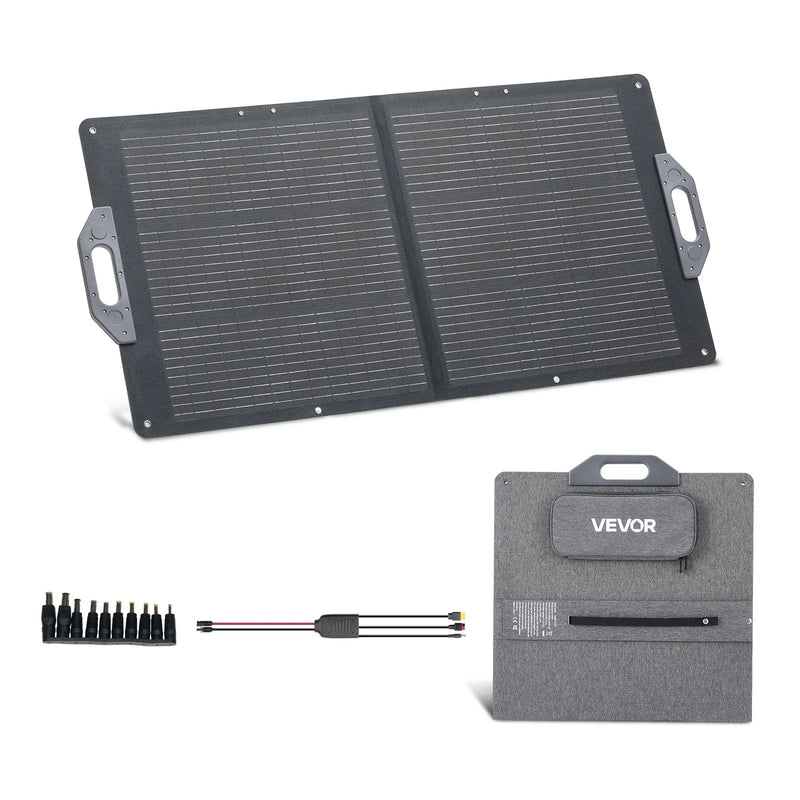 VEVOR 100 W salokāms saules panelis, augstas efektivitātes monokristālisks pārnēsājams lādētājs ar MC4, USB-A, USB-C un DC pieslēgvietām, IP65 ūdensizturīgs, paredzēts elektrostacijām, kempingam un pārgājieniem