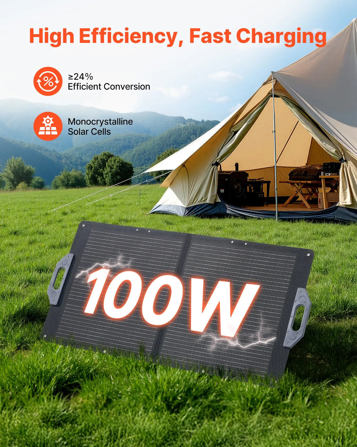 VEVOR 100 W salokāms saules panelis, augstas efektivitātes monokristālisks pārnēsājams lādētājs ar MC4, USB-A, USB-C un DC pieslēgvietām, IP65 ūdensizturīgs, paredzēts elektrostacijām, kempingam un pārgājieniem