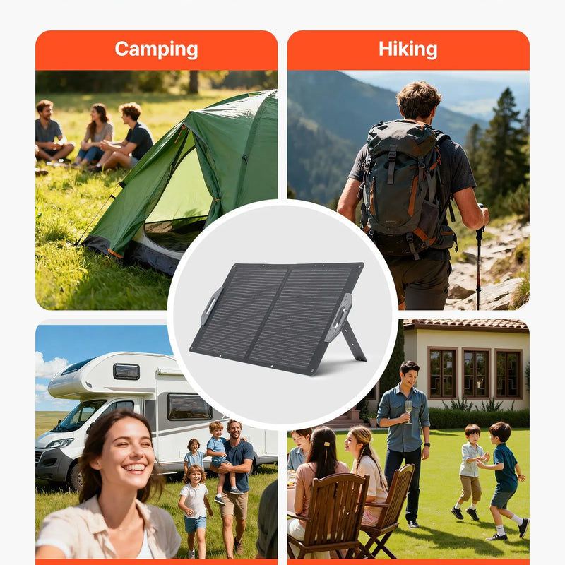VEVOR 100 W salokāms saules panelis, augstas efektivitātes monokristālisks pārnēsājams lādētājs ar MC4, USB-A, USB-C un DC pieslēgvietām, IP65 ūdensizturīgs, paredzēts elektrostacijām, kempingam un pārgājieniem