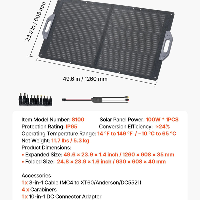 VEVOR 100 W salokāms saules panelis, augstas efektivitātes monokristālisks pārnēsājams lādētājs ar MC4, USB-A, USB-C un DC pieslēgvietām, IP65 ūdensizturīgs, paredzēts elektrostacijām, kempingam un pārgājieniem