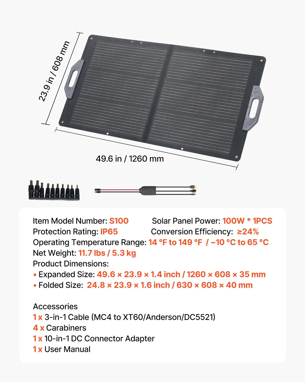 VEVOR 100 W salokāms saules panelis, augstas efektivitātes monokristālisks pārnēsājams lādētājs ar MC4, USB-A, USB-C un DC pieslēgvietām, IP65 ūdensizturīgs, paredzēts elektrostacijām, kempingam un pārgājieniem