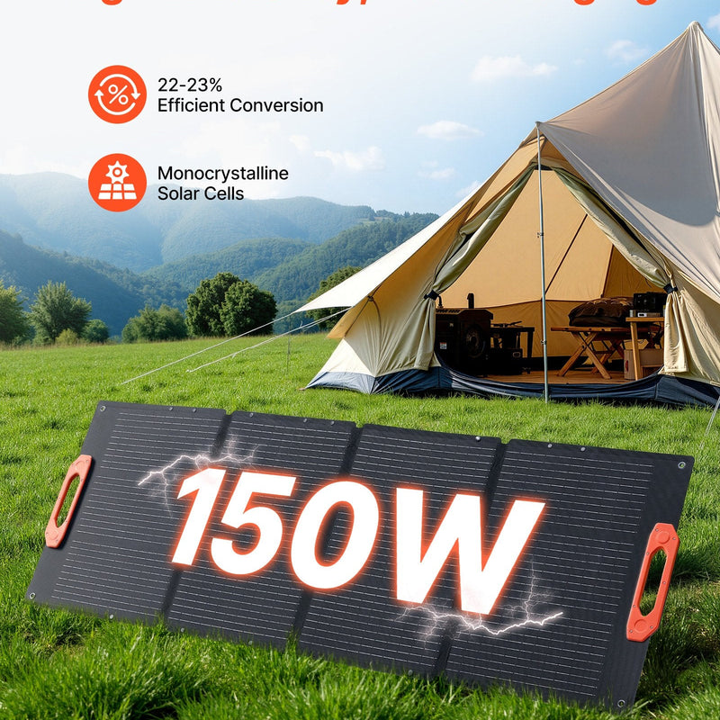 VEVOR salokāms monokristāliskais saules panelis 150 W ar 23 % efektivitāti, pārnēsājams ETFE saules paneļa lādētājs ar MC4 izeju, Type-C, QC3.0 USB un DC pieslēgvietām, IP67 ūdensizturīgs, paredzēts elektroenerģijas stacijām, kempingam un pārgājieniem