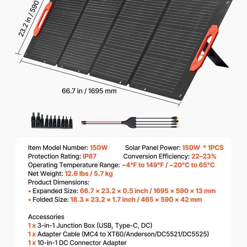 VEVOR salokāms monokristāliskais saules panelis 150 W ar 23 % efektivitāti, pārnēsājams ETFE saules paneļa lādētājs ar MC4 izeju, Type-C, QC3.0 USB un DC pieslēgvietām, IP67 ūdensizturīgs, paredzēts elektroenerģijas stacijām, kempingam un pārgājieniem
