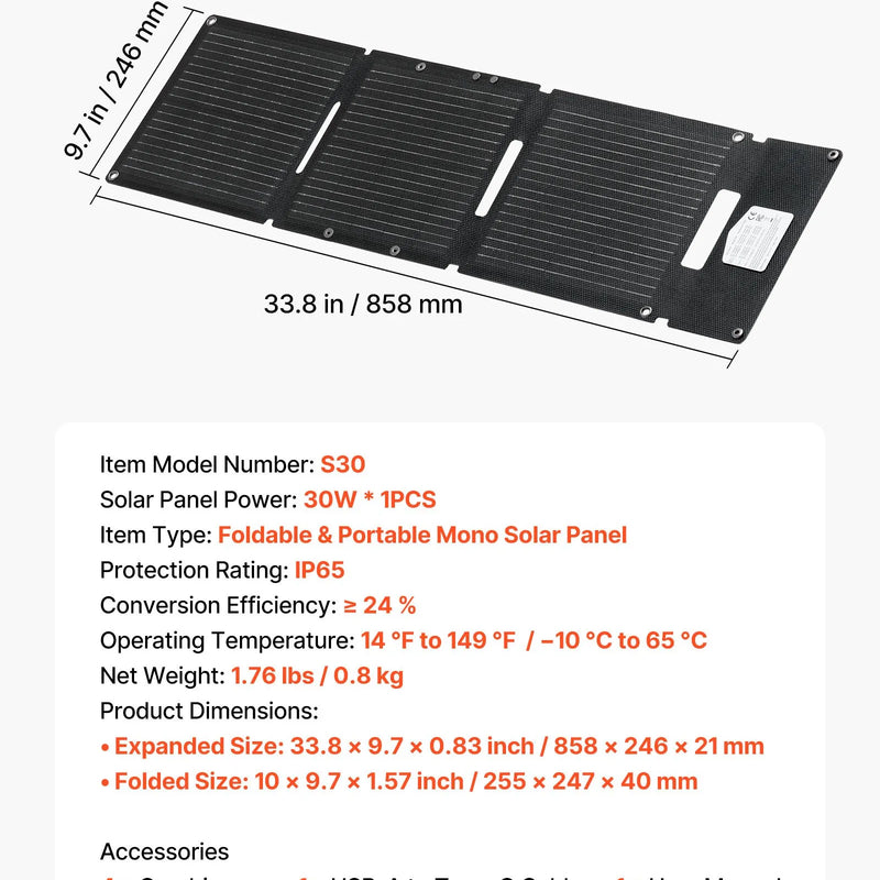 VEVOR 30 W salokāms saules paneļu lādētājs, 16BB N-tipa monokristālisks saules panelis ar 24 % efektivitāti, īpaši viegls un pārnēsājams, ar USB-A, USB-A (QC 3.0) un USB-C pieslēgvietām kempingam, pārgājieniem, tālruņiem un planšetēm