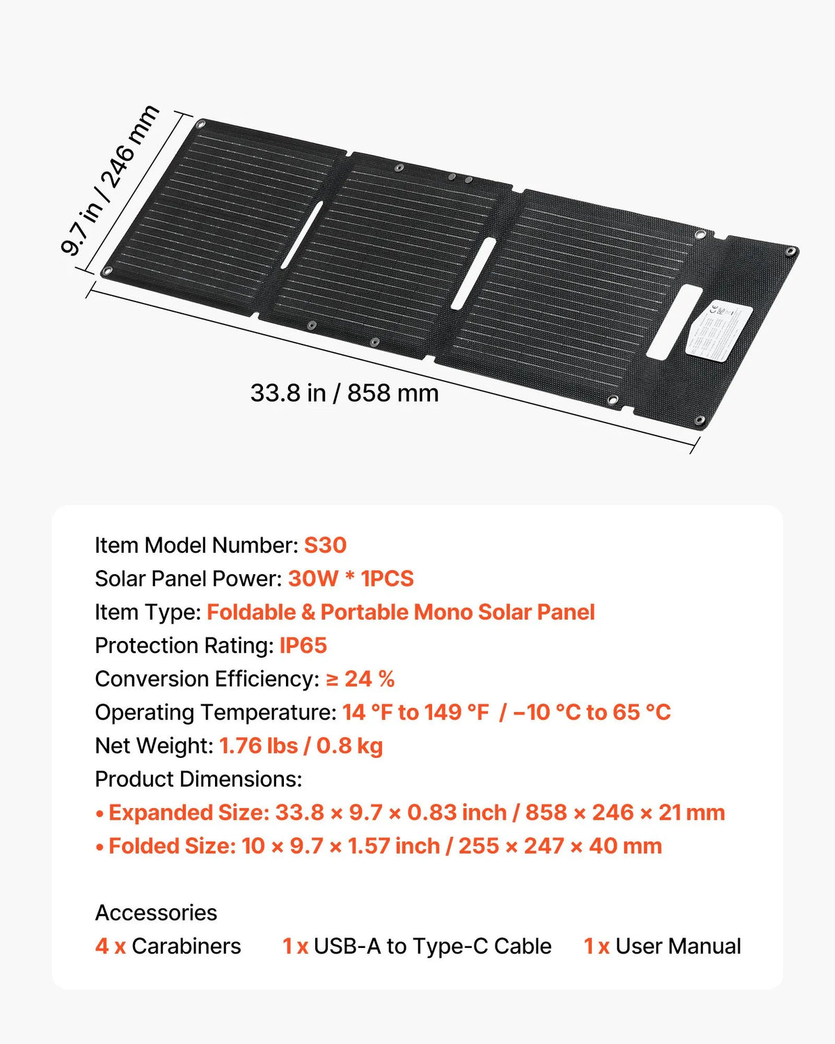 VEVOR 30 W salokāms saules paneļu lādētājs, 16BB N-tipa monokristālisks saules panelis ar 24 % efektivitāti, īpaši viegls un pārnēsājams, ar USB-A, USB-A (QC 3.0) un USB-C pieslēgvietām kempingam, pārgājieniem, tālruņiem un planšetēm
