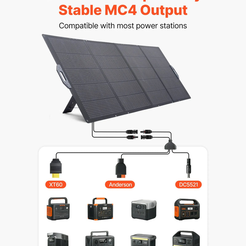 VEVOR 400 W salokāms saules panelis, 24 % augstas efektivitātes pārnēsājams monokristāliskais saules paneļu lādētājs ar MC4 izvadi un 10-vienā DC adapteri, IP67 ūdensizturīgs — piemērots enerģijas stacijām, kempingam un pārgājieniem