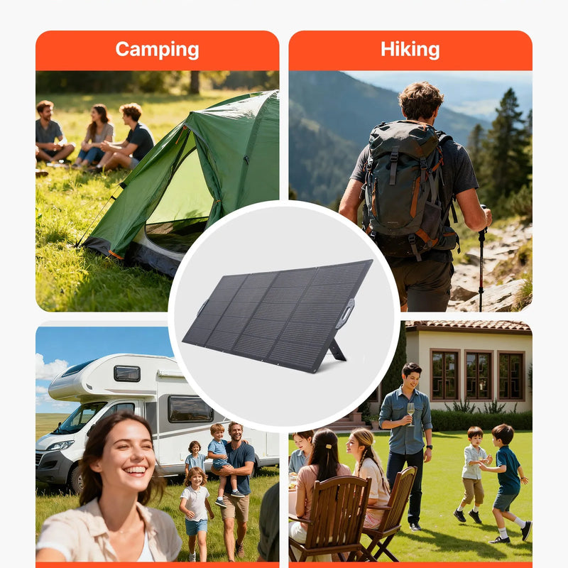 VEVOR 400 W salokāms saules panelis, 24 % augstas efektivitātes pārnēsājams monokristāliskais saules paneļu lādētājs ar MC4 izvadi un 10-vienā DC adapteri, IP67 ūdensizturīgs — piemērots enerģijas stacijām, kempingam un pārgājieniem