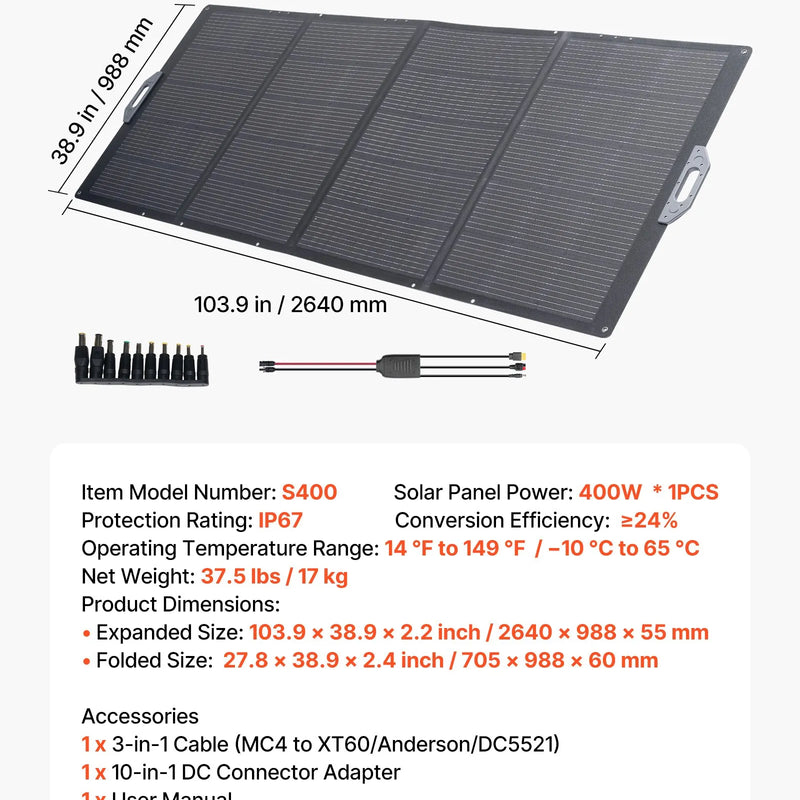 VEVOR 400 W salokāms saules panelis, 24 % augstas efektivitātes pārnēsājams monokristāliskais saules paneļu lādētājs ar MC4 izvadi un 10-vienā DC adapteri, IP67 ūdensizturīgs — piemērots enerģijas stacijām, kempingam un pārgājieniem